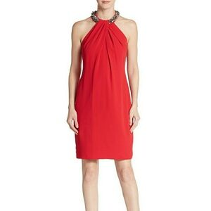 Carmen Marc Valvo Red Beaded Halter Midi Dress